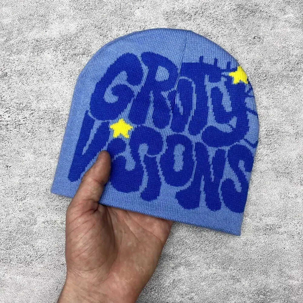 y2k 2000s grunge gothic spiderweb blue Grvty visions beanie - Picture 2 of 6